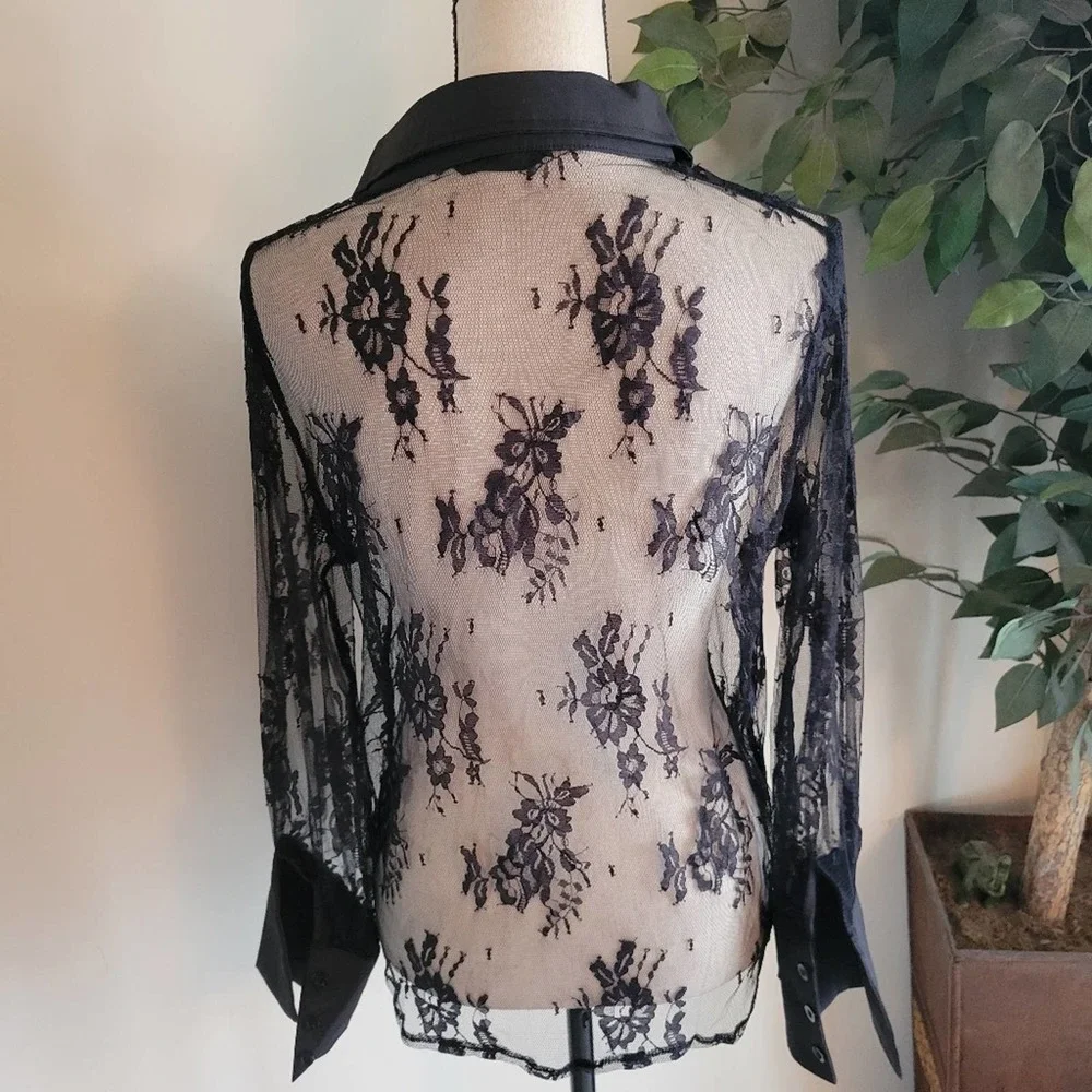 NEW Black Sheer Lace Button Up Blouse - Picture 8 of 8